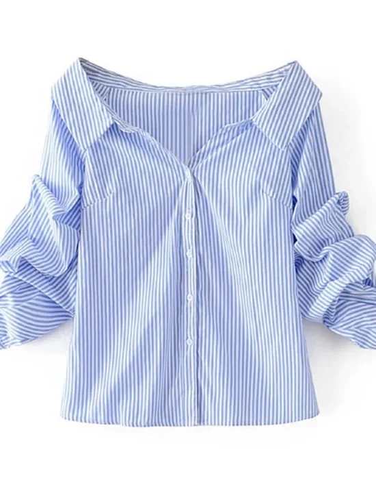 SHEIN Blue and White Stripe Off-Shoulder Button-Down Top - Picture 1 of 3